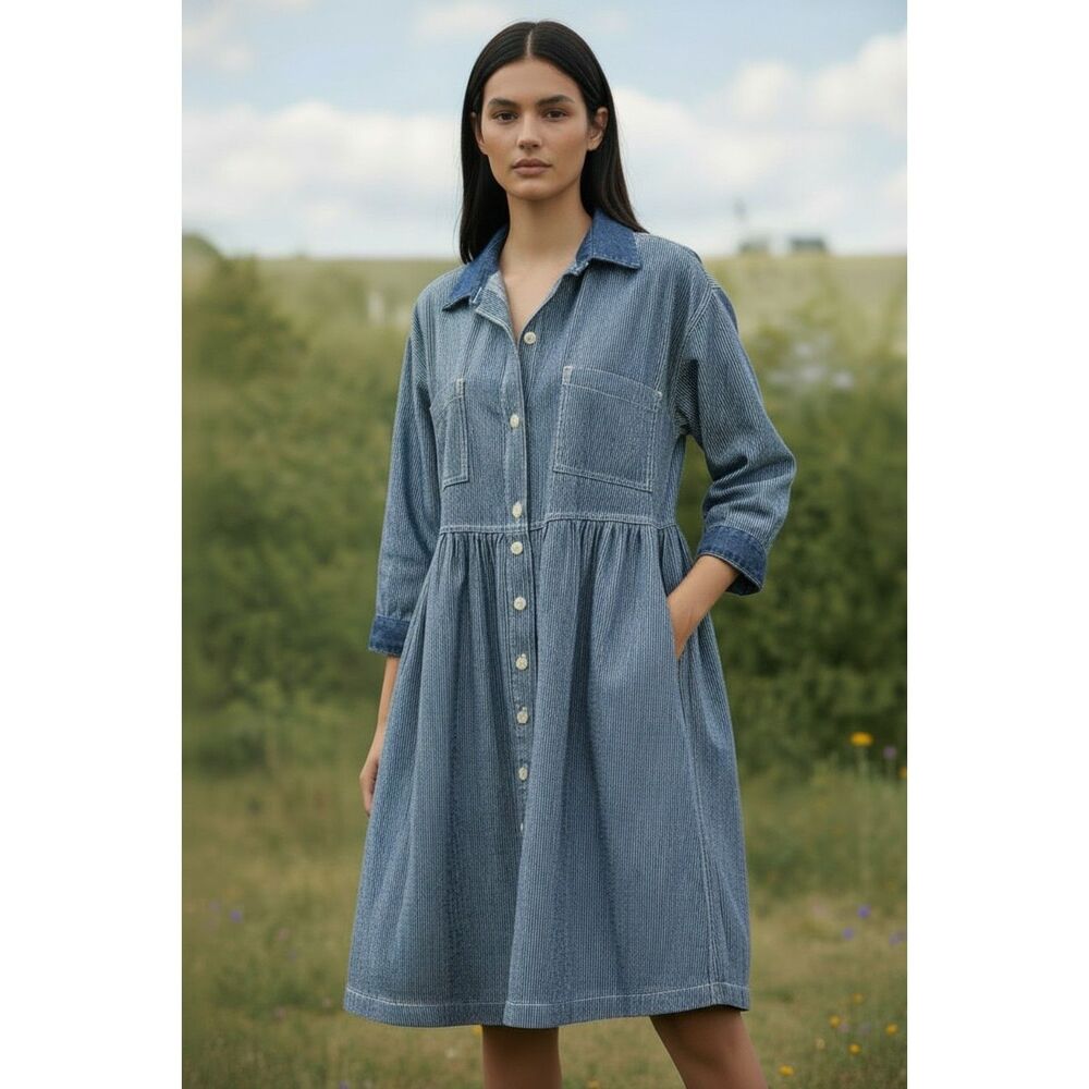 Vintage 80s/90s Hickory Railroad Stripe Denim Prairie Shirt Dress Made in USA 10